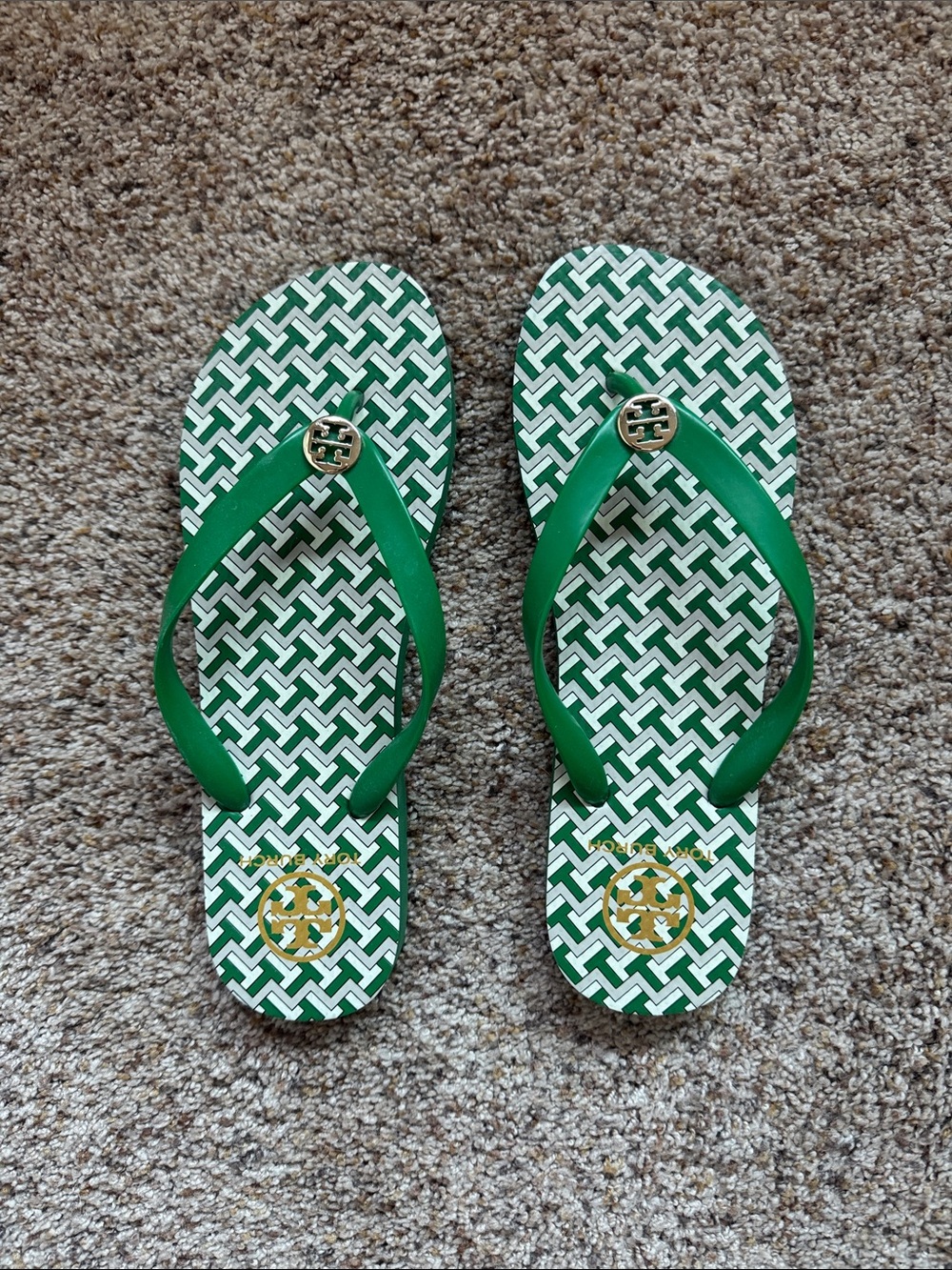 Tory Burch Green and White Patterned Logo Flip Flops
